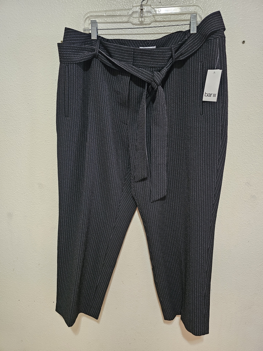 Bar III Black Pinstripe Paperbag Waist Trousers with Tie Size 18W